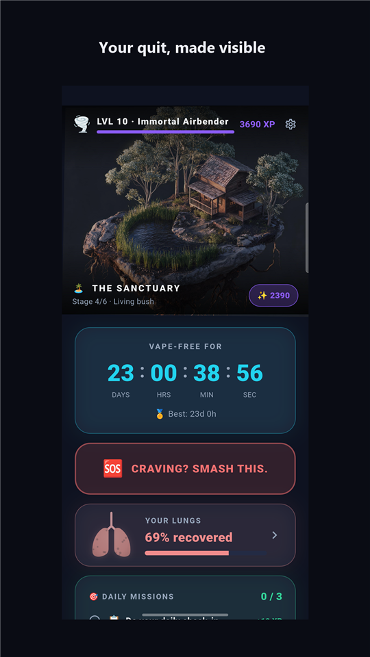 QuitHaven dashboard — vape-free streak timer, SOS button and lungs recovery