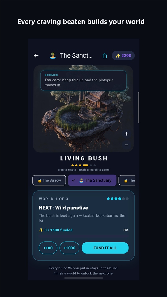 QuitHaven Haven world — a floating island that grows as your streak builds